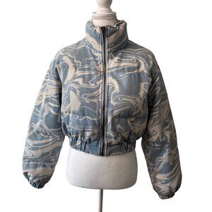 Fashion Nova Womens Blue & White Marble Print Cropped Puffer Jacket Size M